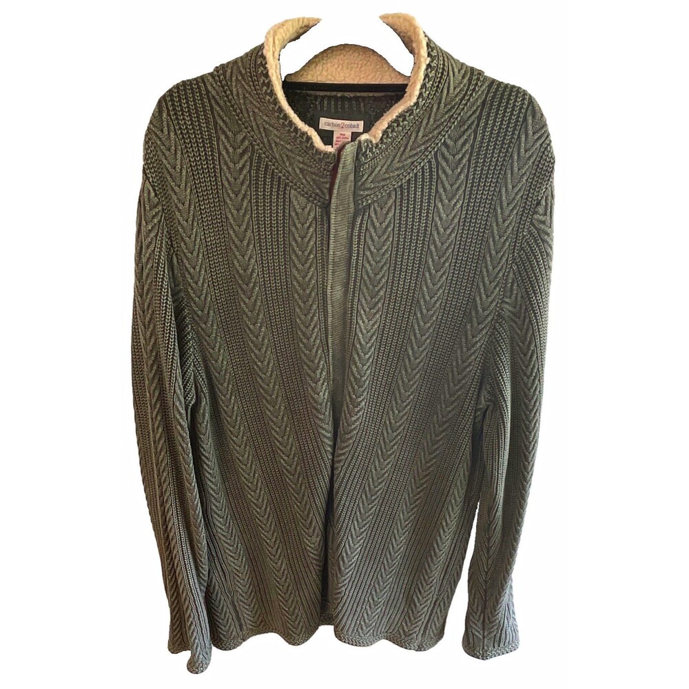 Carbon2Cobalt Men's Green Cable-Knit Full Zip W/Snaps Mock Neck Sweater XL